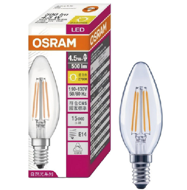 歐司朗 LED E14 4.5W 復古燈絲燈泡 尖清 可調光 實體門市保固2年, 暖 white 燈泡色, 1個