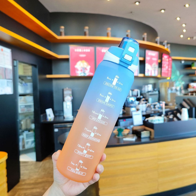 夏季運動水瓶 刻度漸變色磨砂彈跳蓋便攜水壺 1000ml, 藍蓋漸變, 1套