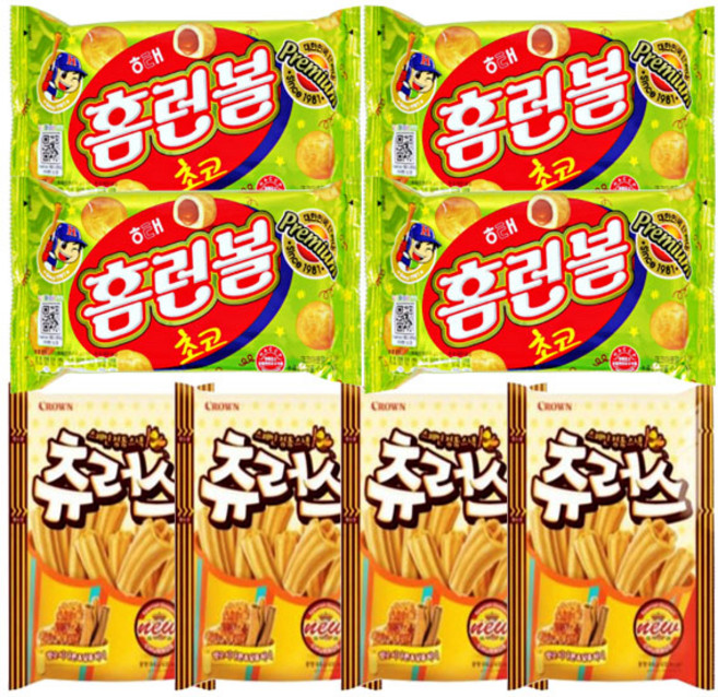 크라운 츄러스 오리지널 84gx4개 + 해태 홈런볼 초코 46gx4개 (총 8개), 1개