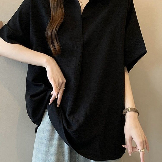 雪紡短袖襯衫, 1個, 黑色2XL 建議130-150斤