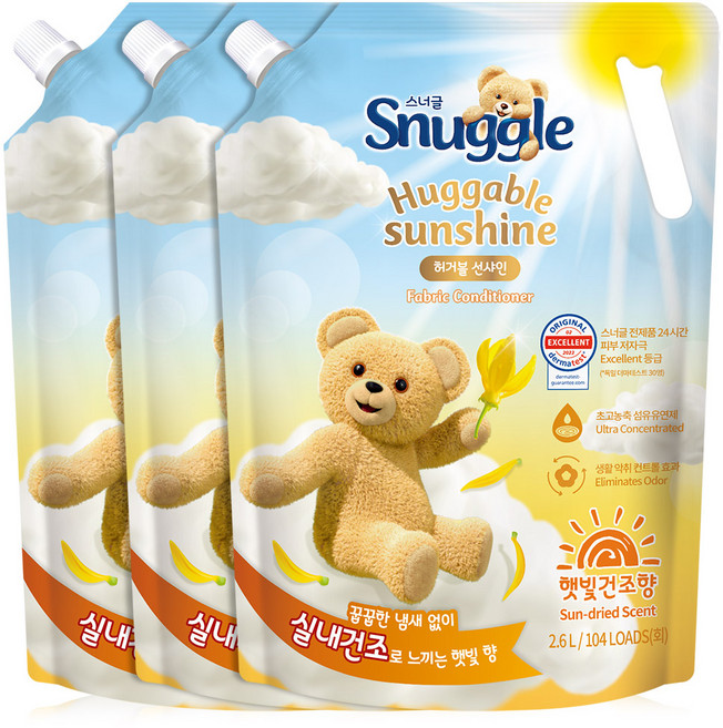 스너글 허거블 선샤인 섬유유연제 햇빛건조향 리필, 2.6L, 3개