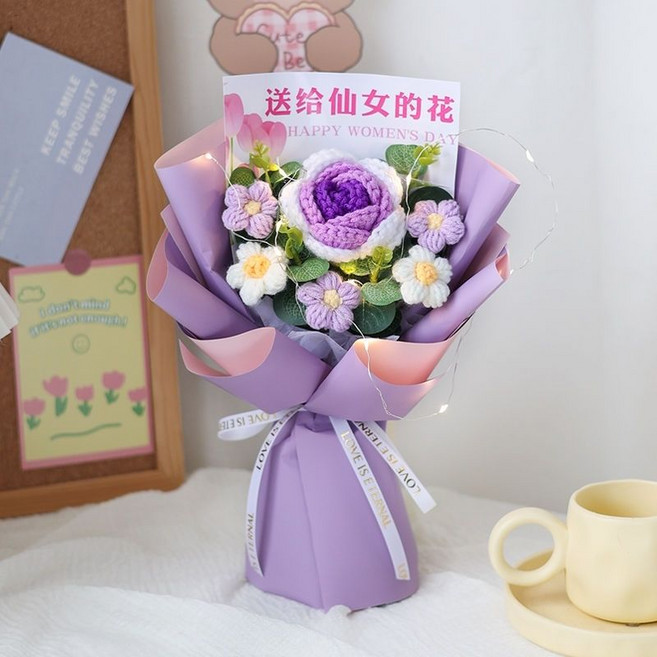 手工編織針織花束 成品 約32cm 母親節生日禮物, 1個, 仙女的花  漸變紫玫瑰1 成品（只有花束）