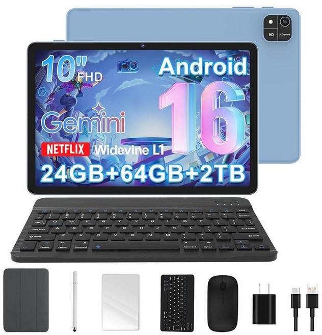 안드로이드 16 태블릿 10인치 태블릿 옥타 코어 24GB RAM 64GB ROM 2TB 확장 Gemini AI 6000mAh WiFi GPS 듀얼 카메라 BT, 블루