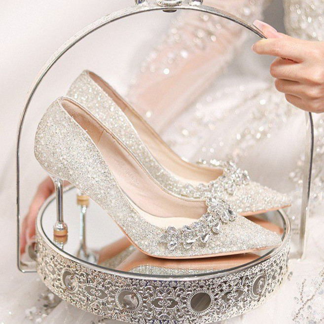 FANSYLI 큐빅 웨딩 하이힐 여성 반짝이 스팽글 스틸레토 하이힐 패션 펌프스 드레스 단화 W2509S07