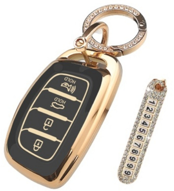 키에티 현대 아반떼AD LF쏘나타 4버튼 실버라인 스마트 차 키케이스 키홀더 + 분실방지 큐빅 전화번호판, 블랙 골드라인