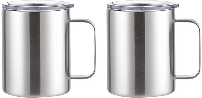 1+1 강력 보온 머그컵 텀블러 세트 뚜껑있는 머그 잔 스텐 보냉 컵 물컵 뚜껑 손잡이 스텐컵 보틀 병 컵텀블러 뚜껑컵 텀블러컵 리유저블 보온컵 2p 커플 물병 휴대용, 실버, 1세트, 450ml, R99858S(실버 2개입