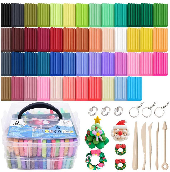Artecho Polymer Clay Kit 50 Colors Oven Bake Modeling for Kids and Adults DIY Sculpting Craft Mo, Artecho Polymer Clay Kit, 50 C