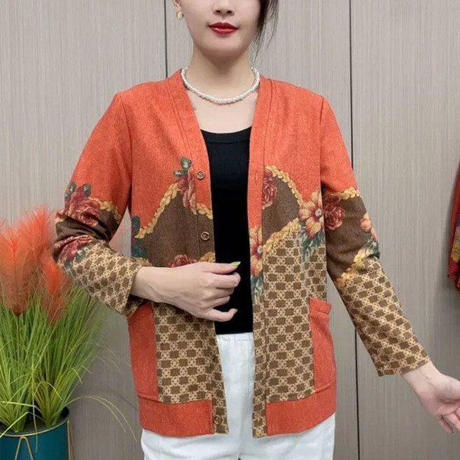 COSYEVNO 중년 엄마 코트 봄 가을 빅사이즈 얇은 브이넥 패션 프린트 캐주얼 상의 CXJwt-01