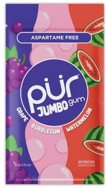 PUR 점보 껌 | 아스파탐 무첨가 100 자일리톨 천연 버블검 포도맛 수박맛 20개입 3팩, 풍선껌/ 포도/ 수박, 20개 (1팩), 81g