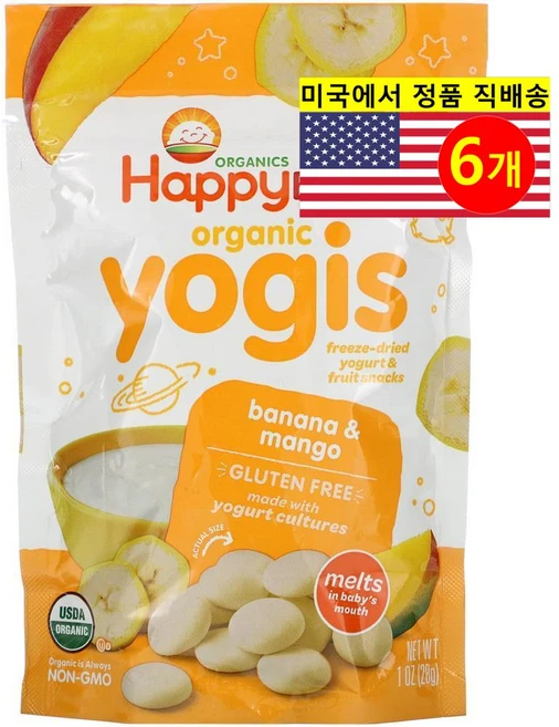 Happy Family Organics 유아용 오가닉 요기스 냉동 건조 바나나 망고 요거트 과일 스낵 28g 3개, 6개 - 쿠팡