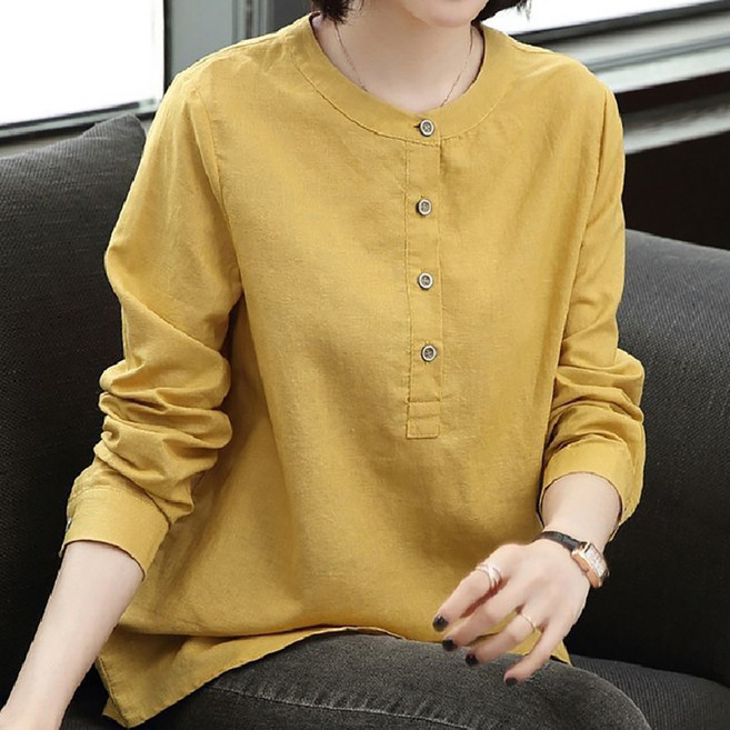 MOSAIRATION 여성 스탠드넥 반오픈 버튼 긴소매 면마 대사이즈 루즈핏 캐주얼 셔츠 R0022406