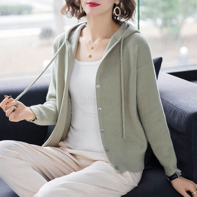 Krismile 봄가을 후드 스웨터 숏 가디건 루즈핏 여성용 베이직 아우터 겨울 니트카디건 상의 오버핏