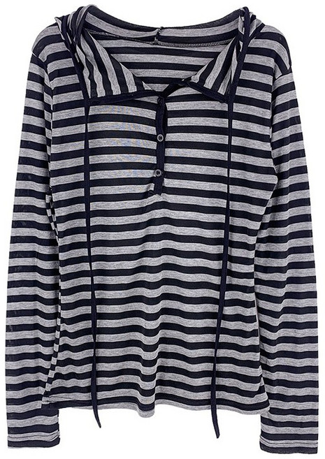 여성 스트라이프 긴팔 후드 버튼 티셔츠