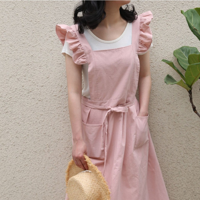 프릴 원피스앞치마 린넨에이프런 지엔, 핑 크, 1개