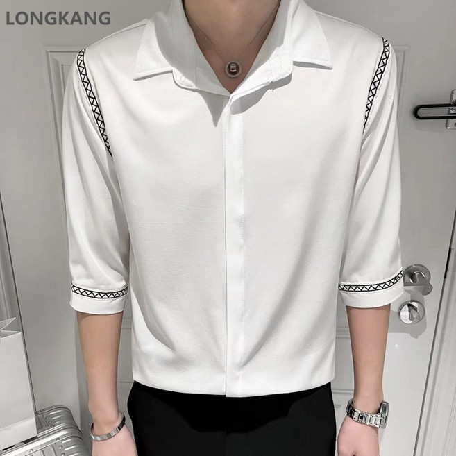 LONGKANG 남자 빈티지 캐주얼 셔츠 클래식 디자인 반팔 셔츠 남 7부소매 셔츠