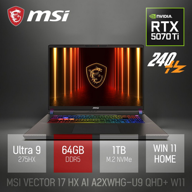 MSI 벡터 17 HX AI A2XWHG-U9 QHD+ W11 / 17인치 대화면 240Hz 고주사율 고성능 RTX5070 Ti AI 노트북 [사은품 증정], WIN11 Home, 64GB, 1TB, 블랙