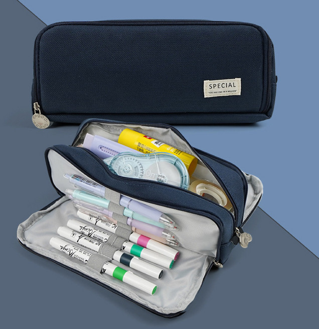 마카롱 더블 윈도우 캠퍼스 패브릭 대용량 필통 수납파우치, 네이비, 1개