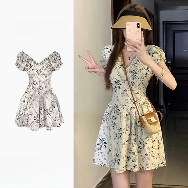 삼제태전 여름 여성용 A라인 꽃무늬 퍼프 미니 원피스 바캉스룩