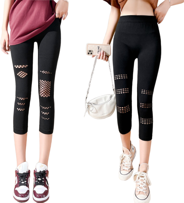 여성용 모달 스판 팬츠 여름 하이웨스트 펀칭 7부 레깅스 팬츠 2종 세트