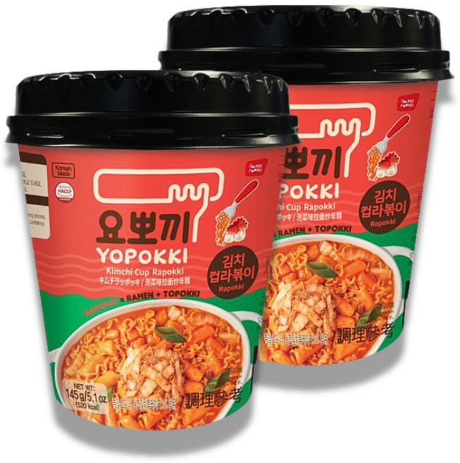 요뽀끼 인스턴트 라볶이 컵 (김치 2개 컵) 한국 길거리 Yopokki Instant Rabokki Cup (Kimchi 2 Cups) Korean Street food wi, 2.55온스(2팩)
