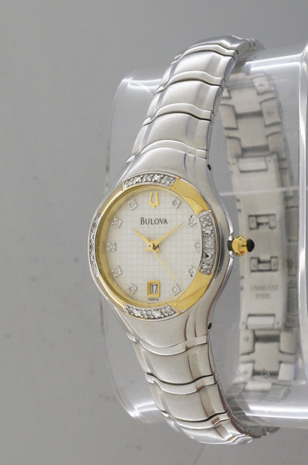 [Bulova] 부로바 98R70-S 여성용 드레스 화이트 다이얼 다이아몬드 베젤 날짜 스테인리스 시계