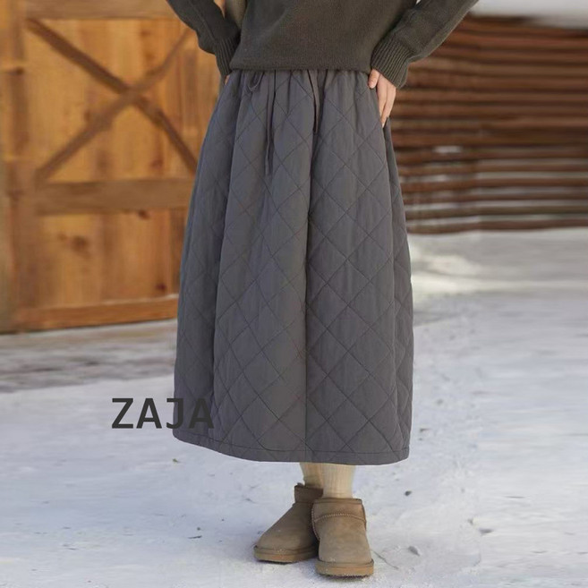 ZAJA 겨울 여성 누빔 A라인 패딩 스커트 기모 롱 치마