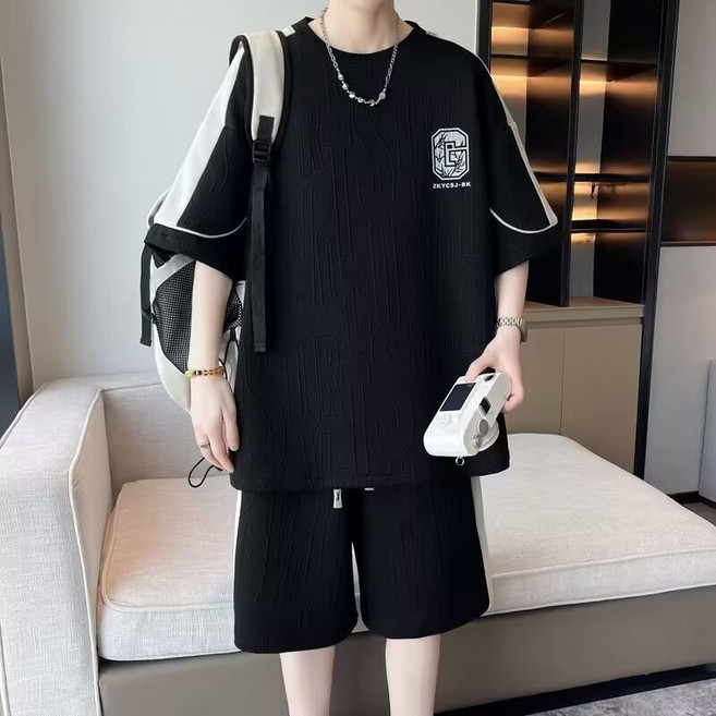 트레이닝복 세트 남성 여름 반팔 티셔츠 캐주얼 반바지 투피스