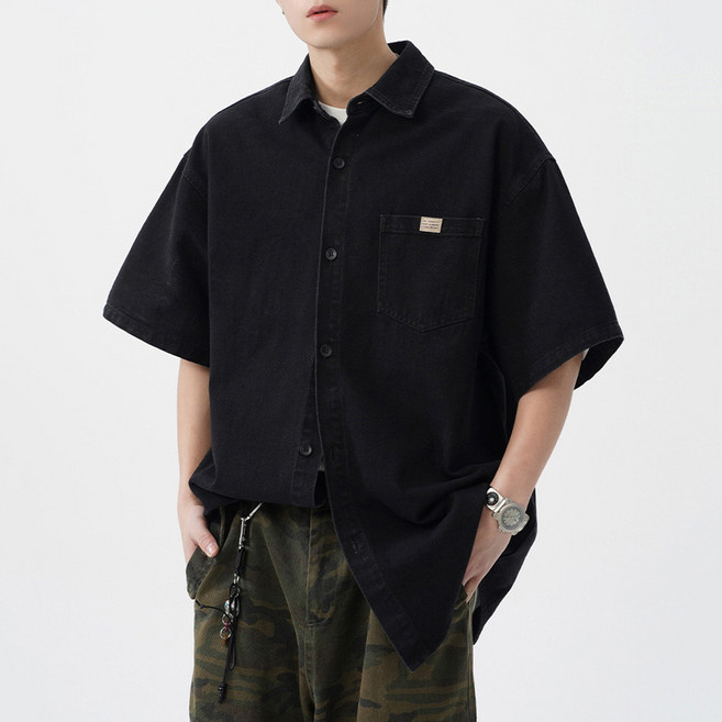 지디오 남성 데님 셔츠 반팔 남방 아우터 오버핏 청 자켓 포켓 워싱 재킷