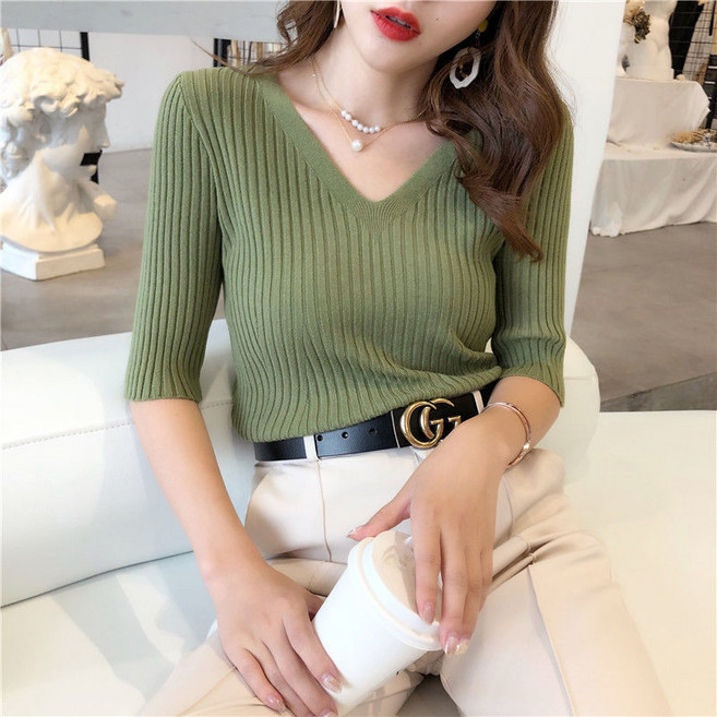 여성 7부 니트 티셔츠 캐주얼 봄 가을 브이넥 상의 슬림핏 얇은 이너 니트 반팔티 간절기 기질 칠부 소매 니트 티셔츠 CY