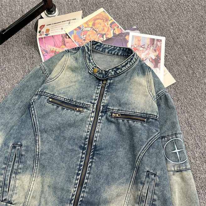 【復古做舊】牛仔外套 機車夾克 潮牌外套 男裝外套 水洗藍寬鬆版型 拉鍊設計 美式復古 休閒百搭 春秋季穿搭