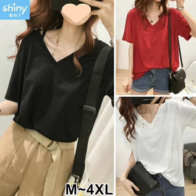 shiny藍格子 素色寬鬆V領短袖上衣 M~4XL