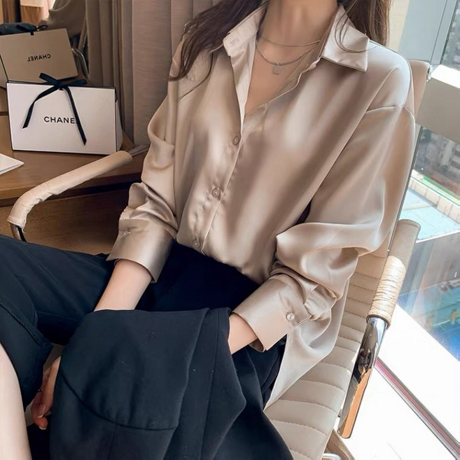 해피유통 여성 실크 긴팔 블라우스 우아한 심플 디자인byq