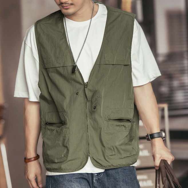 男士戶外露營風工裝馬甲 夏季輕薄透氣背心坎肩, 1個, 軍綠4XL 建議190-220斤