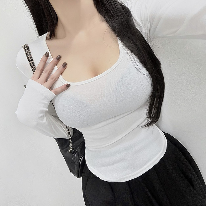 VANANA2 [MADE : KOREA] 목길어보이는 굴림티 쫀득 탄탄한핏 딥스퀘어넥 무지 긴팔