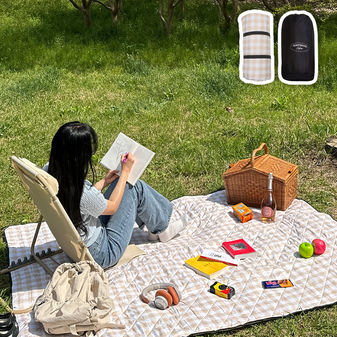 솜솜라이크 피크닉 매트 두꺼운 방수 돗자리, 프리미엄 베이지