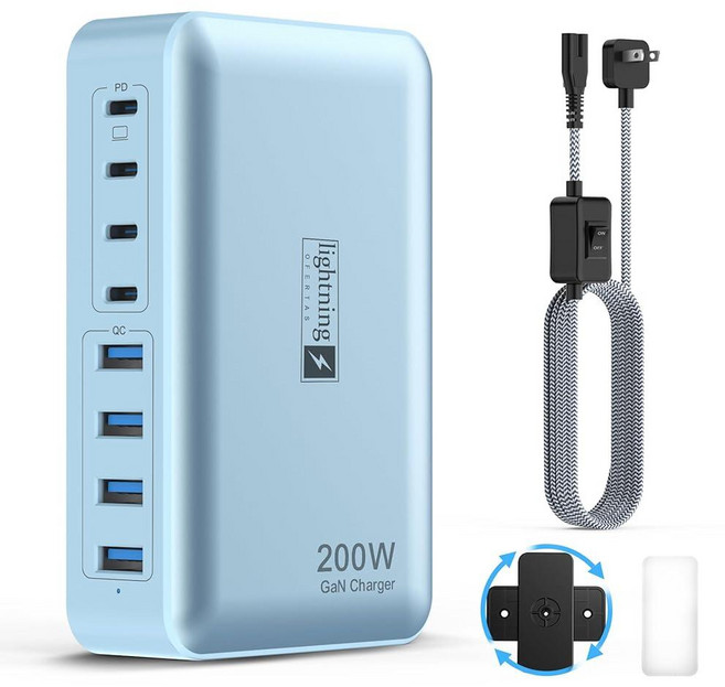 LIGHT 라이트ning OF 오브ertas 여러 장치용 200W 충전 스테이션 8포트 USB C 충전기 블록 고속 충전 휴대폰 태블릿 노트북용 65W 타입 GaN 전원, 200W Charger Blue