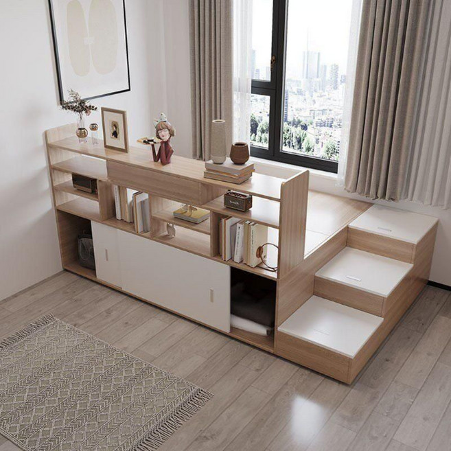 수납침대 일체형 침대세트 소형아파트 책장 원룸 책상 조합, 1800mmx2000mm, 조립식 박스 베드, 침대+책장+발걸이+침대 옆