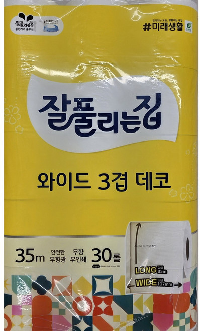 잘풀리는집 와이드 데코 3겹 화장지, 1세트, 30롤, 35m