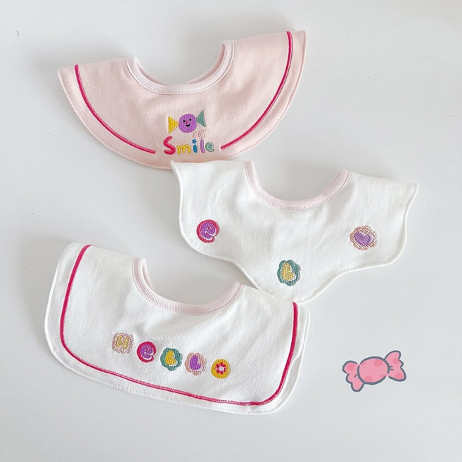 刺繡 純棉 韓系 造型圍兜 領結圍兜 水洗口水巾, 1個, 純棉糖果-3入組