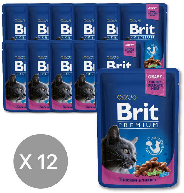 브릿 프리미엄 파우치 고양이습식사료 청크 치킨터키 100g X 12개, 닭+칠면조
