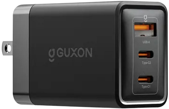 65W氮化鎵GaN充電頭 三孔(2TYPE-C、1USB-A)電源供應器 石墨烯黃銅散熱 快速充電器, GUXON古尚 65W氮化鎵GaN-黑色, 1個, 黑色