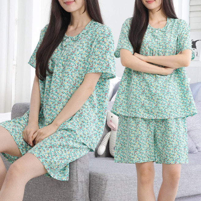 꽃무늬 여성 인조 인견 반팔 반바지 잠옷 상하의 세트 5부 / 여름 프릴 홈웨어 파자마