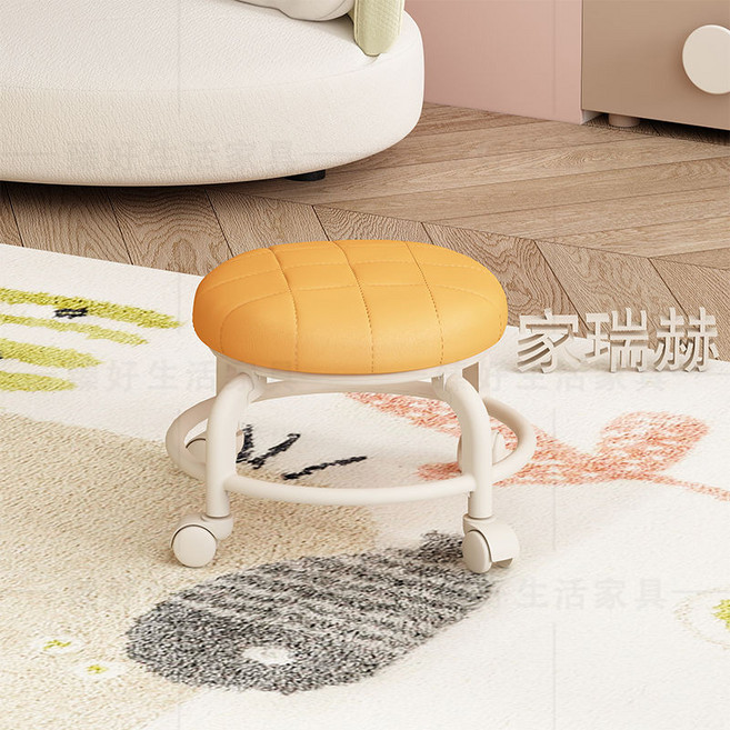 萬向輪兒童學步矮凳 - 多功能美縫修腳換鞋滑輪圓凳軟座, 【橙色】萬向輪矮凳-升級免釘安裝, 1個