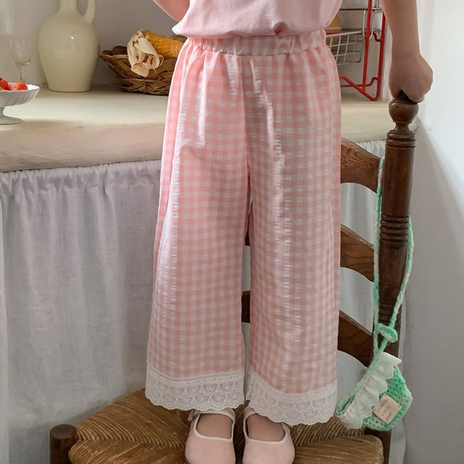 굿도우 여아용 체크 프릴 9부 와이드 팬츠