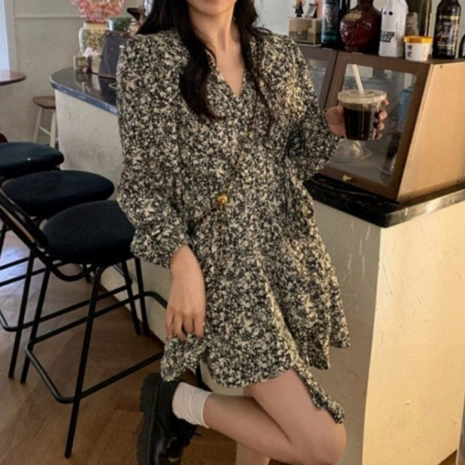 아이엠몽 여성 플라워 패턴 브이넥 프릴 데일리 원피스