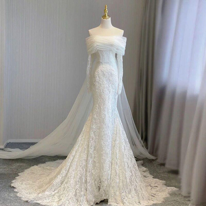 魚尾蕾絲輕婚紗 法式一字肩, 1個, 魚尾輕紗 綁帶,2XL