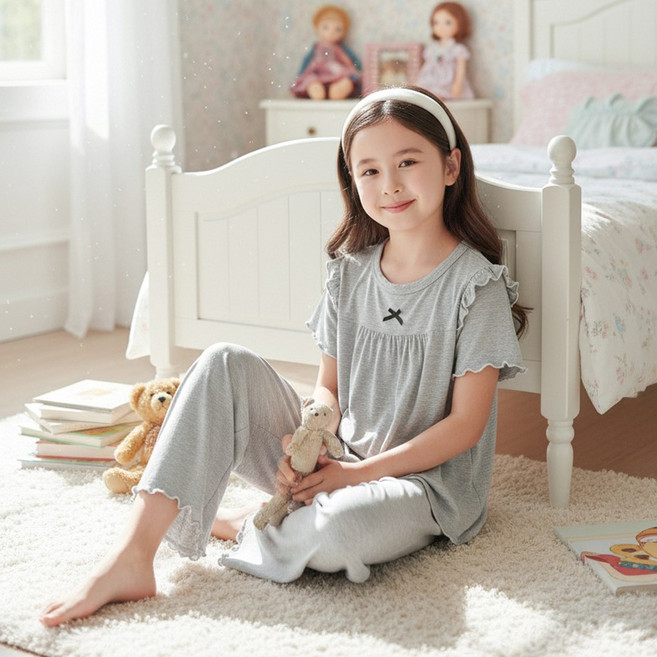 달콩슈 여아용 프릴 잠옷 상하의 세트 바지 파자마 주니어 아동 DKP906