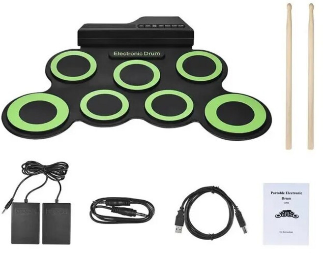 전자드럼패드 접이식 실리콘 핸드 롤 USB 전자 드럼 휴대용 연습 드럼 패드 키트 드럼스틱 유지 페달 2022 신제품, 2) 녹색, 1개