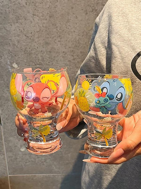 릴로 앤 스티치 유리컵 주방 인테리어 소품 집들이 선물 추천, 1개, 핑크 스티치 4종 세트