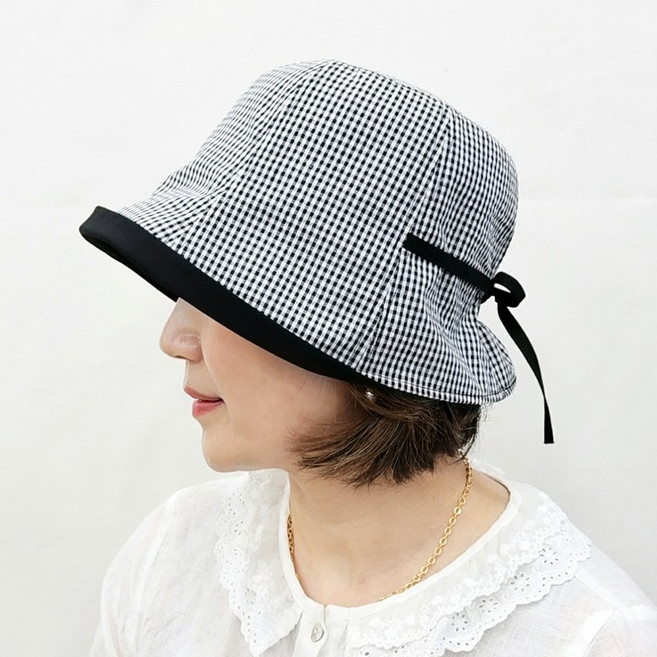 컴팩트 리본 체크 여성 미시 봄 여름 벙거지 모자 버킷햇